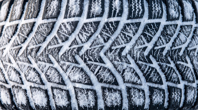 Close-up of a winter tire tread covered in frost  