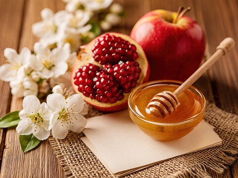 Fresh Pomegranate, Ripe Apple, and Honey Bowl with Blossoms on Rustic Wood Background