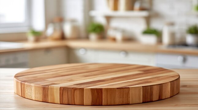 Empty Wooden Cutting Board on a Kitchen Countertop Surface, Ready for Food Preparation Display