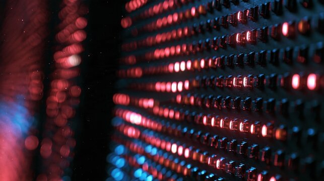Abstract Macro View of Red and Blue LED Lights Creating a Digital Pattern Background