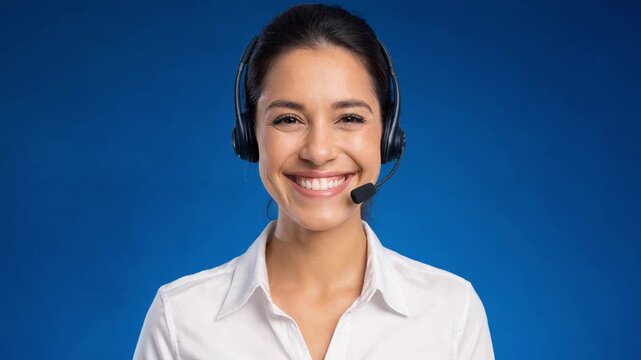 Smiling call center agent with a headset looking at the camera on a blue background. Friendly female customer service operator ready to help. Support hotline, telemarketing and help desk
