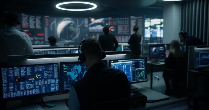 Monitoring Control Room: Engineer Tracks a Satellite With a Rotating Radar Sweep and Signal Waveforms While the Team Studies Globe Projections, World Maps and Orbital Scanning Data on the Big Screen.