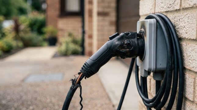 A close up view of a severely damaged electric vehicle charger plugged into an exterior wall outlet showing severe signs of electric burn, exposed copper wire, and melting black plastic