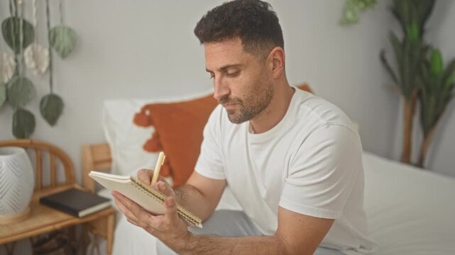 Man on bed writing in a notebook, pen in hand and fingers to chin thinking pose inside building; introspection focus.