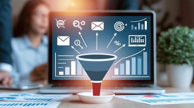 Digital Marketing Sales Funnel Concept with Business Growth Charts and Analytics Data Displayed on Laptop Screen