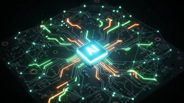 緑とオレンジの光が走る回路基板の上で輝くAIチップ、人工知能とデータ処理を表現したテクノロジー背景