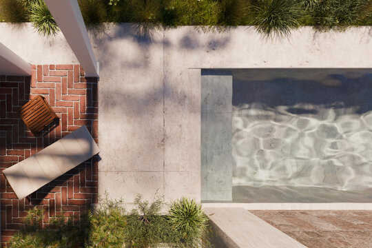 Top view of luxury swimming pool design and topical garden landscaping. Modern beach house architecture from above. Aerial private hotel villa resort rental. 3d render