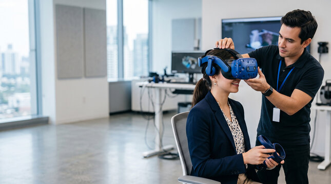 Colleague Assisting Businesswoman Wearing Virtual Reality Headset in Office
