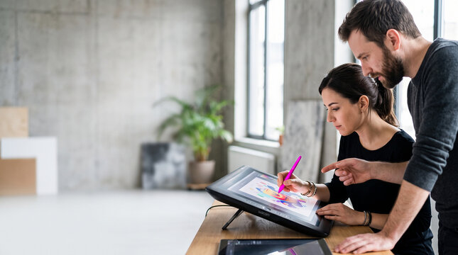 Graphic Designers Collaborating on Digital Tablet in Modern Studio