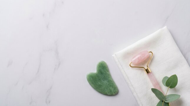 Green Jade Gua Sha Facial Tool on Marble Beside Rolled Towel