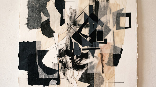 abstract monochrome collage artwork with paper textures and geometric shapes