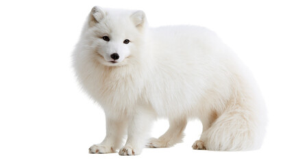 Fluffy white arctic fox standing with thick winter fur and dark eyes © Emrik