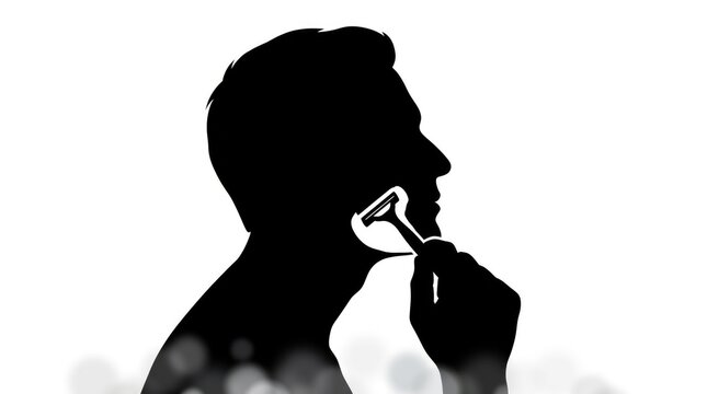 Silhouette of Man Shaving His Face With Razor on White Background