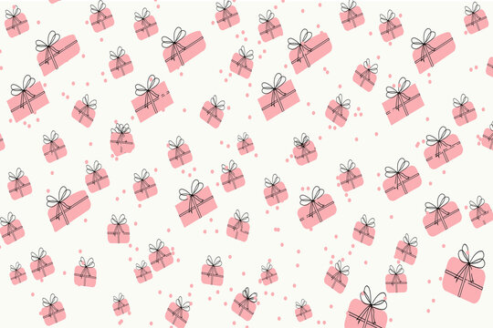 Pink gift boxes pattern with hand drawn ribbons for birthday event