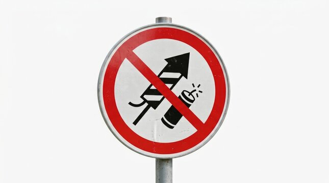 Prohibition Sign with Firework Rocket Symbol Isolated on White Background