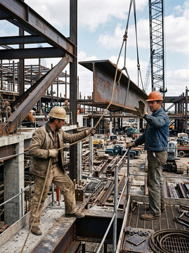 Ironworkers installing heavy steel beam at construction site