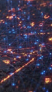 Futuristic cityscape with digital network connectivity with horizontal movement