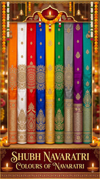 Vibrant display of 9 silk sarees in rich Navaratri festival colors with intricate zari embroidery, adorned with marigold garlands, hanging bells, and glowing oil lamps.