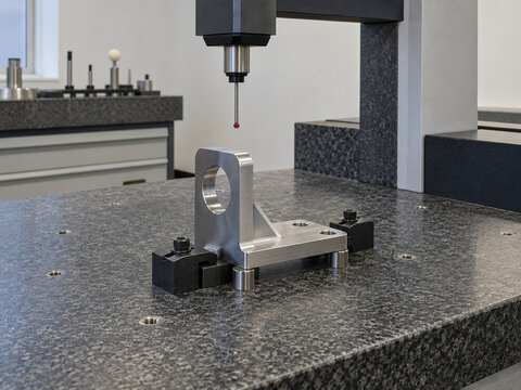 Machined bracket beneath a stationary coordinate measuring probe