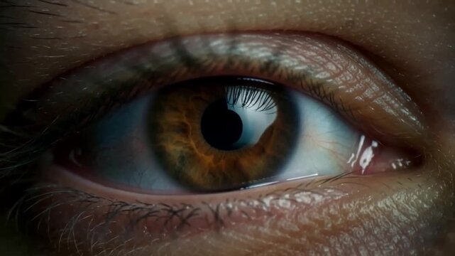 Extreme macro close up of a human eye with a brown and green hazel iris blinking and looking around with detailed eyelashes and corneal light reflections