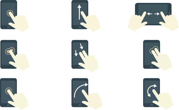 Touchscreen Gesture Icons Set Tap, Swipe, Pinch Zoom on Smartphone and Tablet UI  