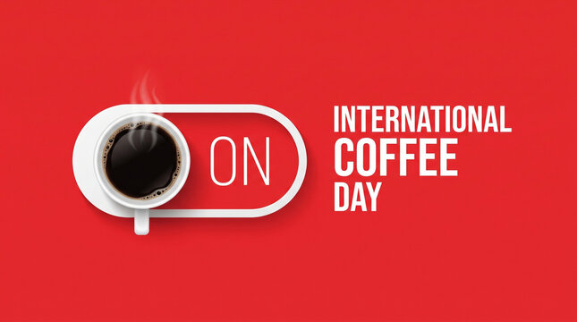 International Coffee Day banner with a creative toggle switch showing a coffee cup turned ON, minimalist red background graphic for morning energy concept
