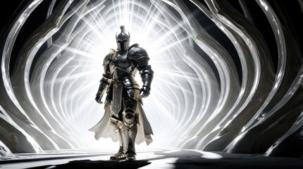 Fototapeta premium Divine warrior in polished silver armor stands in bright light tunnel. Medieval knight with glowing aura wearing heavy metal suit. Fantasy soldier in mystical cave entrance. Heroic character ready