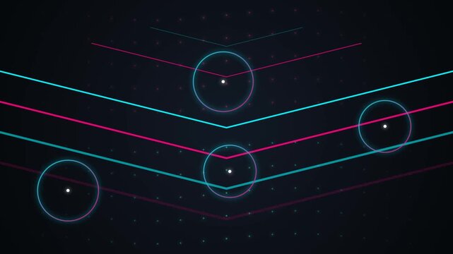 Futuristic Digital Loading Sequence Featuring Pulsing Neon Circular Icons On Dark Geometric Grid Lin