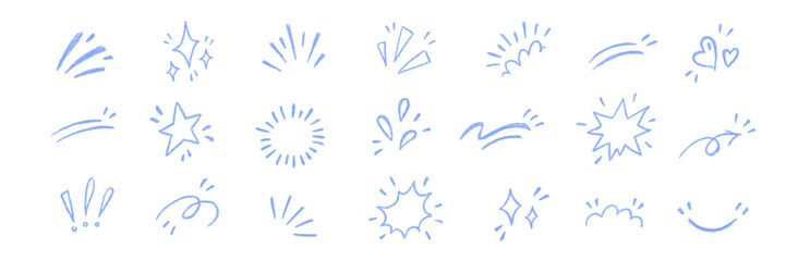 Attention marks set with hand drawn crayon stars, rays, arrows, hearts, bursts and curved strokes. Posters, stickers and social graphics use attention marks for emphasis, doodle vector illustration. © Victoria Sergeeva