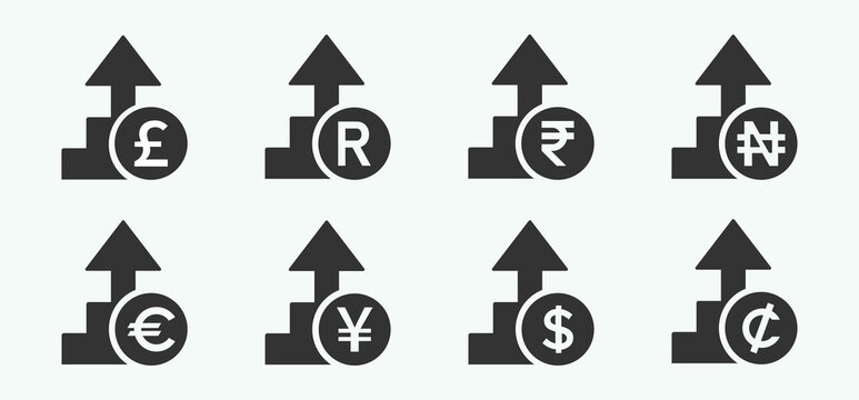 Cost increase icons. Euro, Dollars, Pound, Dollars, Yen, Euro and Rupee price increase icon. Value of money increase signs. Cash rate increase vector signs designs