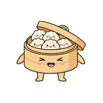 A cute cartoon bamboo steamer character holding adorable smiling dumplings inside with a happy expression.