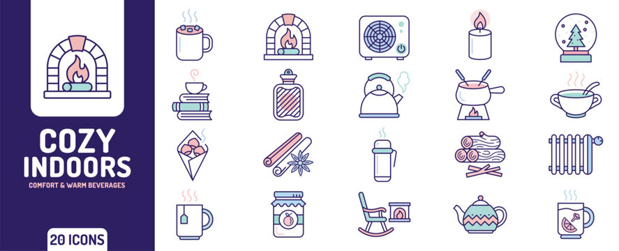 Cozy Winter Indoors Icon Set with Fireplace, Warm Beverages, Heater, and Hygge Lifestyle Symbols