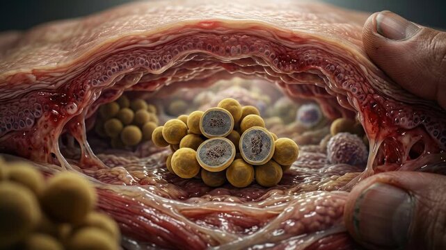 Bacterial colony manifestation: Staphylococcus organism, human skin, deep tissue, cellular structure, pathogenic germ, health problem, microbe proliferation, medical challenge, antibiotic resistance.