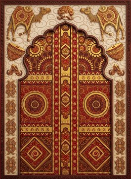 Mughal Miniature Style Arch Frame with Cranes, Peacock, Parrots and Lotus Pond, Indian Wedding Invitation Background with Copy Space
