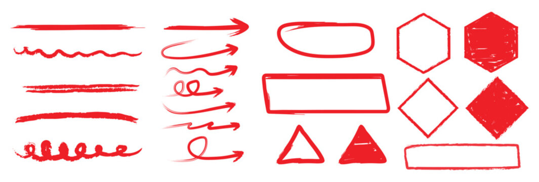 Set of handdrawn red brush strokes, arrows, and geometric shapes