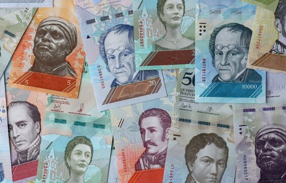 Big amount of Venezuelan bolivar money banknotes. Venezuela cash bills of VES currency close up