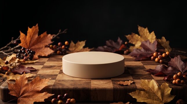 Minimal round product podium surrounded by dried autumn maple leaves and botanical branches on a wooden checkerboard surface with dramatic dark background and copy space.