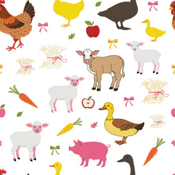 Cute farm animals pattern with sheep pigs ducks and carrots