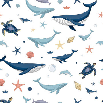 Seamless pattern with cute blue whales sea turtles and starfishes
