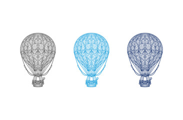 Three crystal hot air balloons in different colors on a white background. © Saria