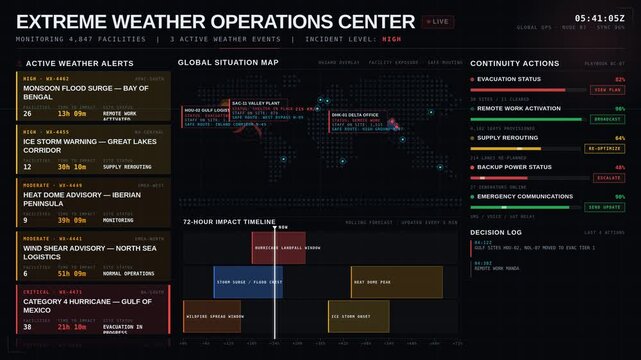 Extreme weather operations dashboard with facility alerts, exposure maps, and continuity actions in a dark 4K interface for commercial creative technology and business use.