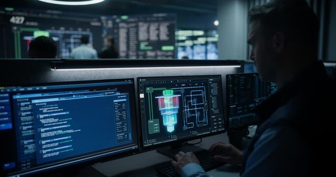Nuclear Energy Powerplant Monitoring Control Room. Specialists Inspect Reactor Models, Code and Plant Metrics Across Wall Displays, Safeguarding Stable Work With Quantum Computer Science 