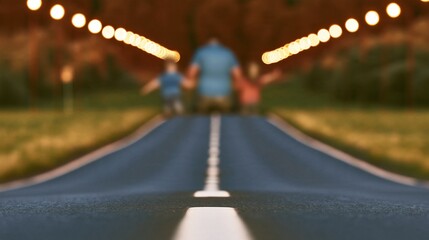 Fototapeta premium Family walking down a lit road at dusk, symbolizing journey and togetherness
