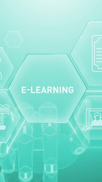 Futuristic e learning interface with robot hand and holographic interface