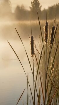 video shot at a tranquil wetland pond at golden hour sunrise. The primary focus is a cluster of prominent cattails (Typha) with their detailed, fluffy brown seed heads and sharp