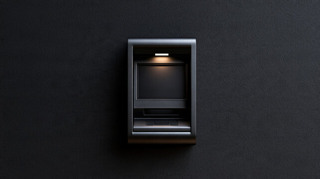 Compact automated teller machine mounted on a dark wall. Cash machine, banking technology, financial service, modern equipment.
