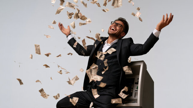 Excited businessman celebrates beside an ATM while banknotes fall around him. Financial success, cash reward, business growth, wealth.