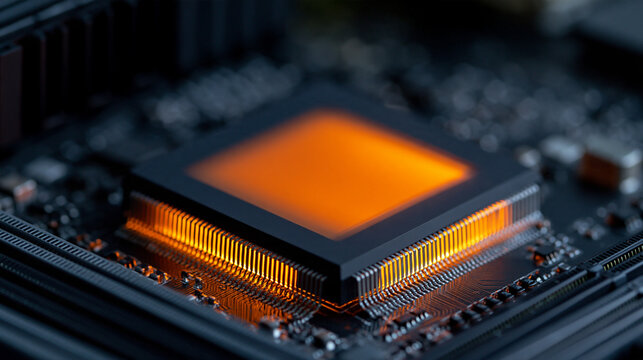 Elegant photo of A powerful computer processor glows with intense orange heat on a motherboard. Conceptual theme for high-performance computing.