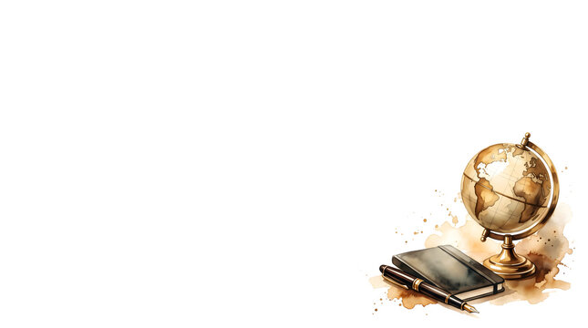 Watercolor vintage brass globe and fountain pen isolated on white banner