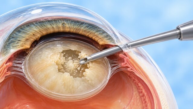 Cataract phacoemulsification shown in premium clinical CGI with an ultrasonic probe fragmenting and removing the cloudy lens on a clean ophthalmology intervention background.